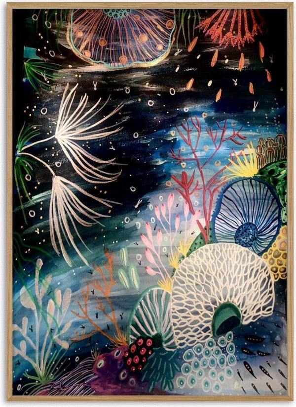 Ocean dreams by Debbie Seenan - white fronds and striped shells glowing on a deep navy sea