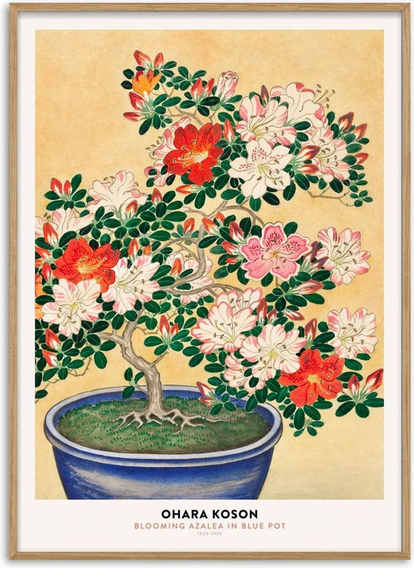Art print of blooming azalea tree with red and pink flowers in a blue pot by Ohara Koson.