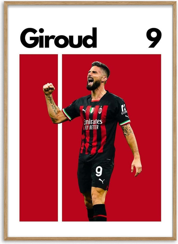 Football poster of Olivier Giroud celebrating in AC Milan kit with "Giroud 9" at the top.