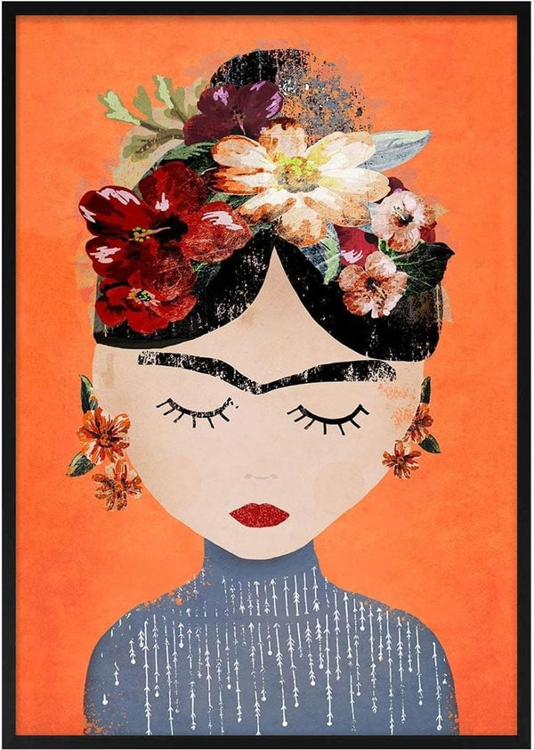 Abstract portrait of a woman with floral headpiece and earrings on an orange background, featured for Orange Mexican - Treechild.