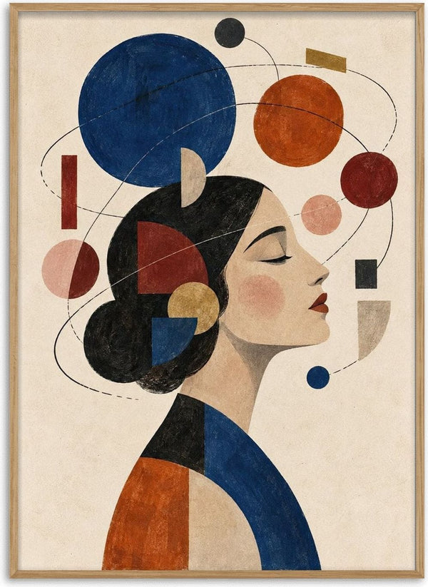 Orbiting Thoughts by Matthews Gallerie - a Bauhaus-style profile of a woman surrounded by circles and orbit lines in blue, orange and red