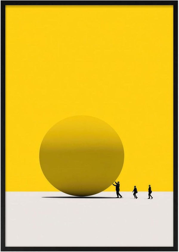 Minimalist cover art for Overcome by Martin Zen, showing figures pushing a large yellow sphere on a plain background.