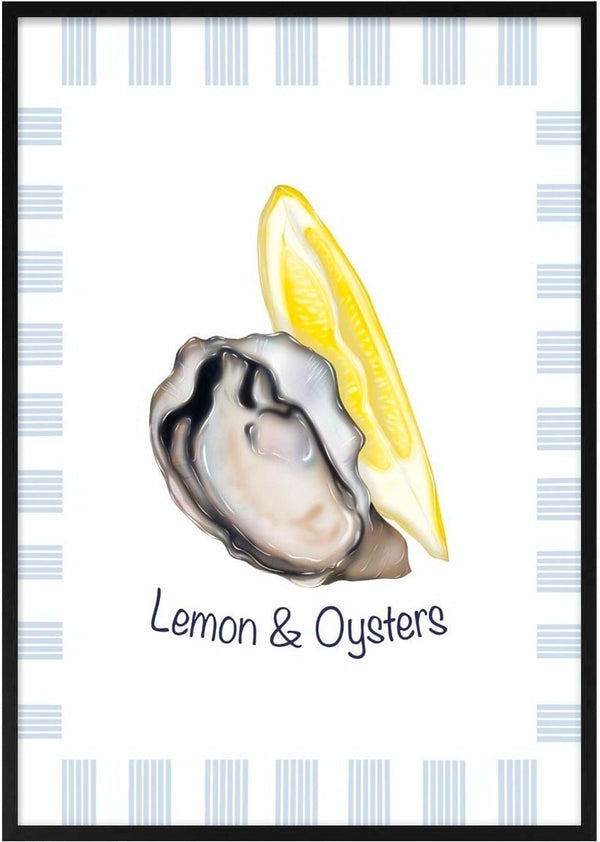 Oyster and Lemon poster by Lisen Vennesland with an opened oyster and a lemon wedge framed by blue stripes