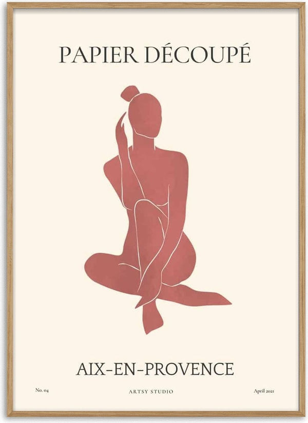 Minimalist art print of a seated abstract figure in terracotta tones, titled Papier Decoupe No. 04.