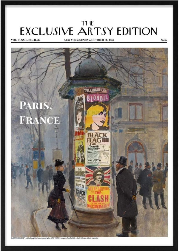 Paris street scene with vintage posters, featured on the Paris News Artsy Edition product page.