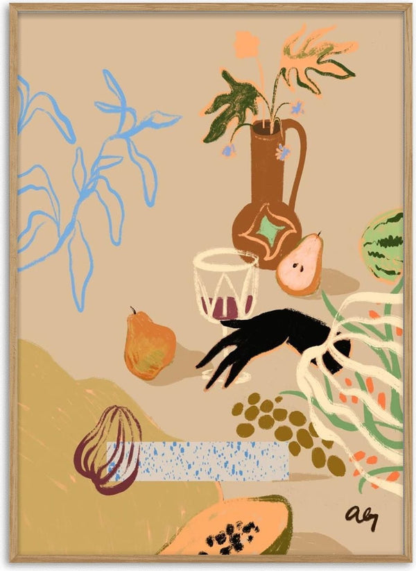 Colorful still life with pears, watermelon, plants, and abstract shapes; artwork by Arty Guava for Pass Me The Pear.