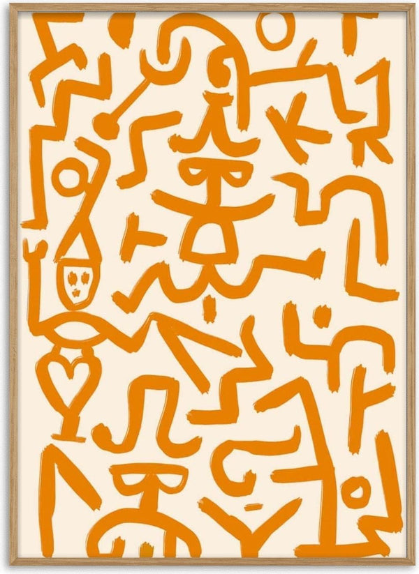 Abstract Paul Klee-inspired orange art poster with playful line figures, ideal for living room decor.