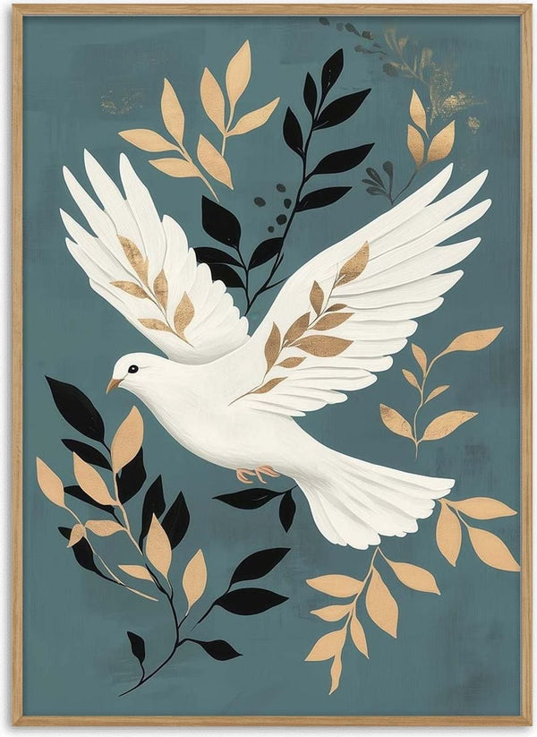 A white dove with gold and black leaves, symbolizing peace for Christmas on a teal background.