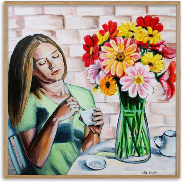Peaceful Morning by Nella Hajdu - woman in a mint green top holding a cup beside a vase of red, yellow and pink flowers