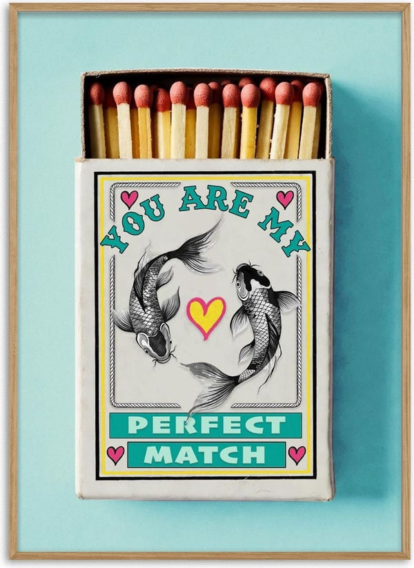 Perfect Match by Daniel Leo — vintage matchbox poster with two engraved koi carp circling a yellow heart