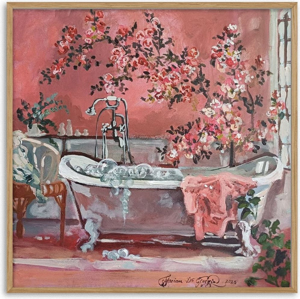 Pink bathroom by Mariam De Giorgio — a foam-filled claw-foot bathtub against a coral wall of climbing roses
