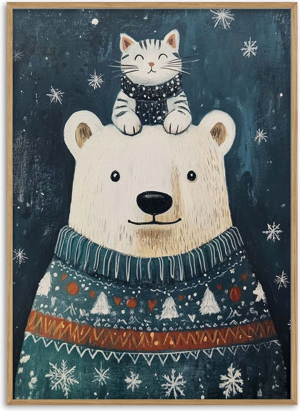 Polar bear in a festive sweater with a smiling kitten on its head, surrounded by snowflakes.