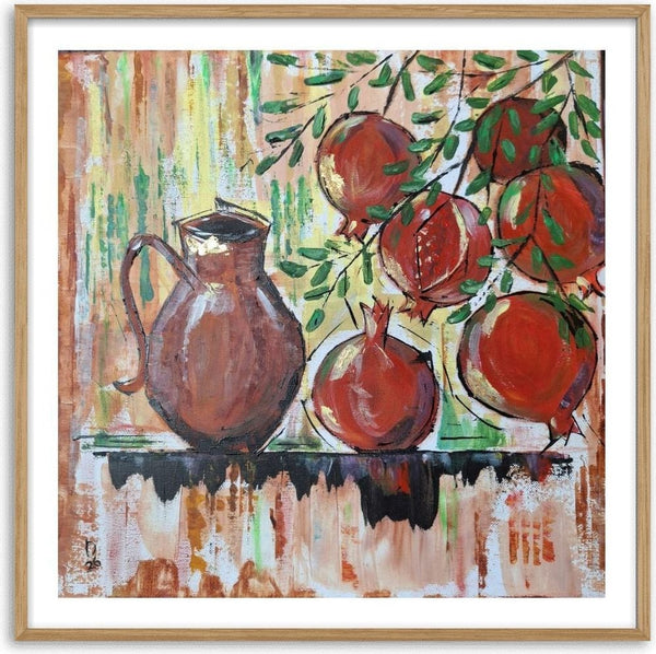Pomegranates by Dina - a brown jug and dark red pomegranates under a leafy branch