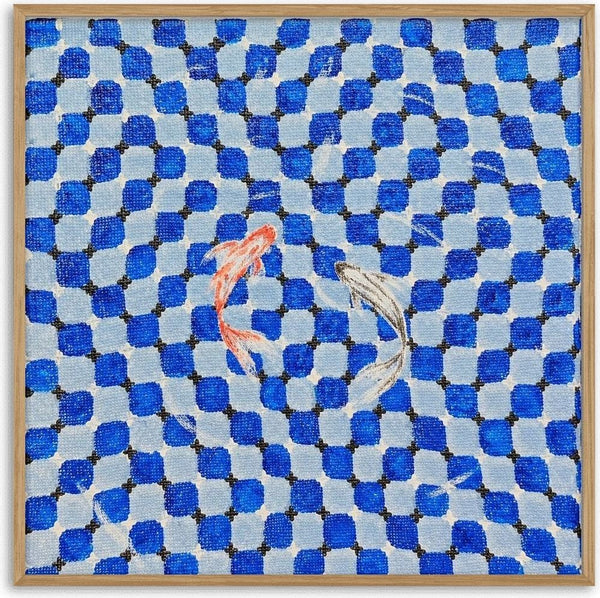 Pool by Zhan Snow - two koi swimming over a warping blue and grey checkerboard of pool tiles
