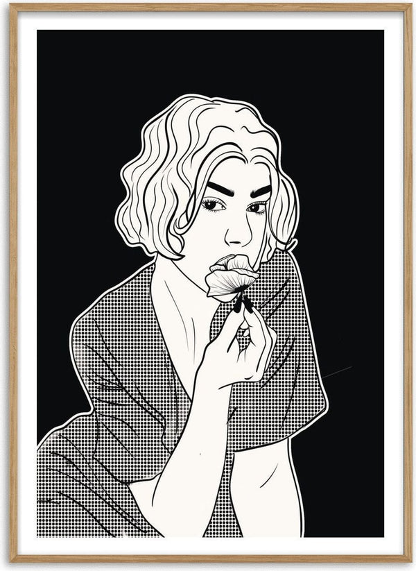 Poppy by Nari - a woman in a checked robe holding a poppy, in black line and halftone