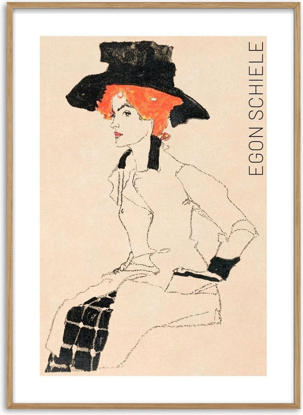 Portrait of a Woman (1910) by Egon Schiele art print shows a seated woman with orange hair and a large black hat.