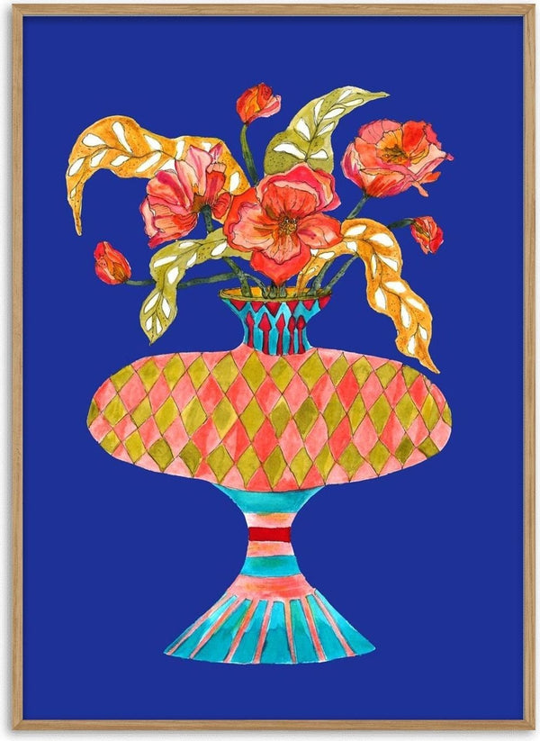 Queen dances by Marjorie Salvagni - coral poppies in a harlequin footed bowl