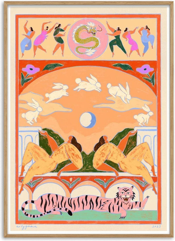 Colorful artwork of rabbits leaping over a moon, with dancing figures, a tiger, and vibrant decorative elements.