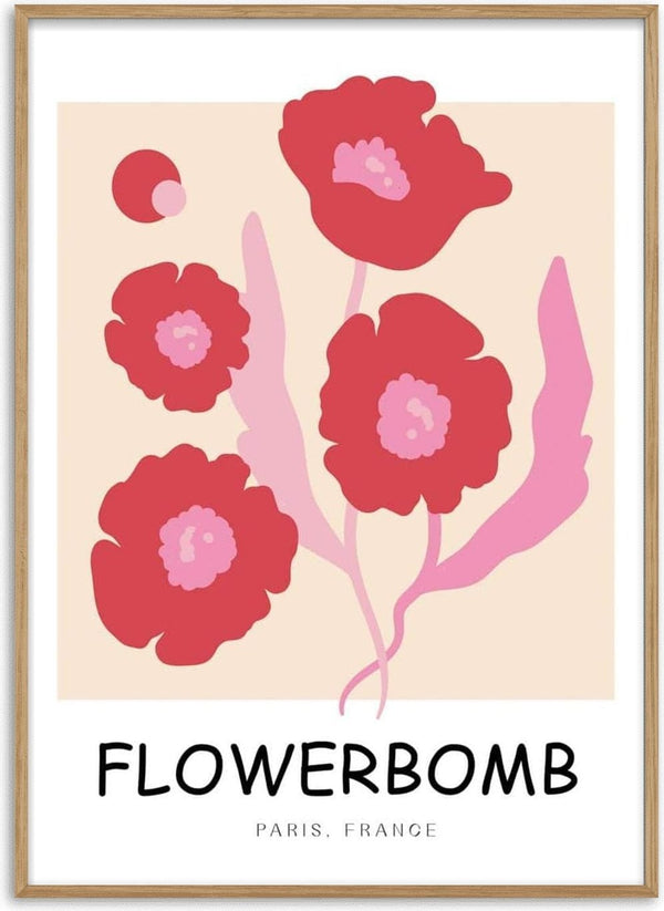 Red poppy-inspired flowers with pink leaves and "Flowerbomb Paris, France" text on a minimalist poster design.
