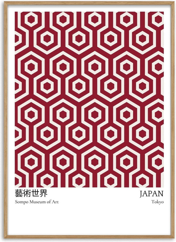 Red geometric hexagon pattern, "SOMPO Museum of Art," and "Japan, Tokyo" text on exhibition plakat.