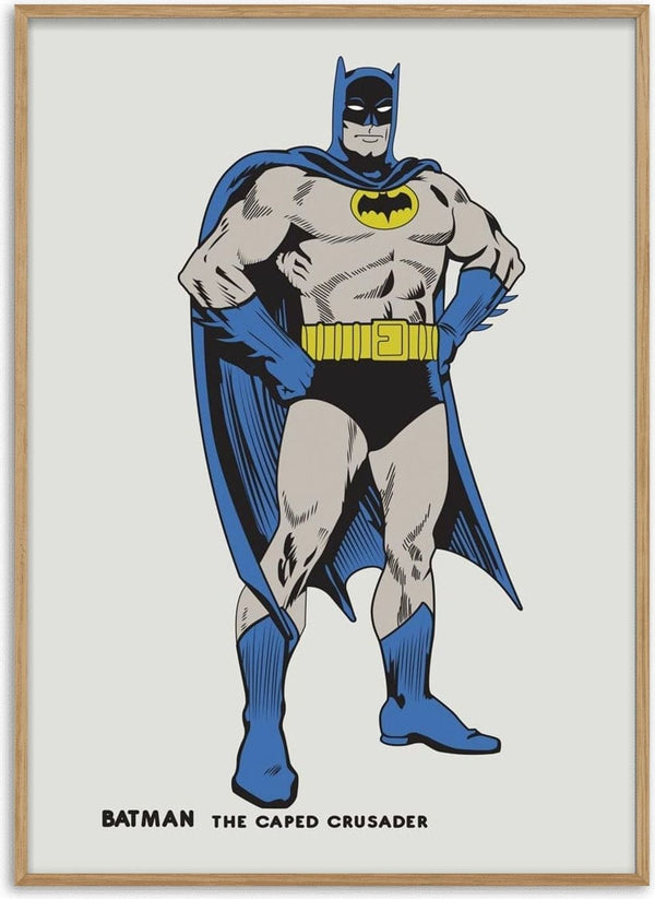 Retro Batman poster featuring classic comic-style Batman in blue and grey costume, hands on hips.