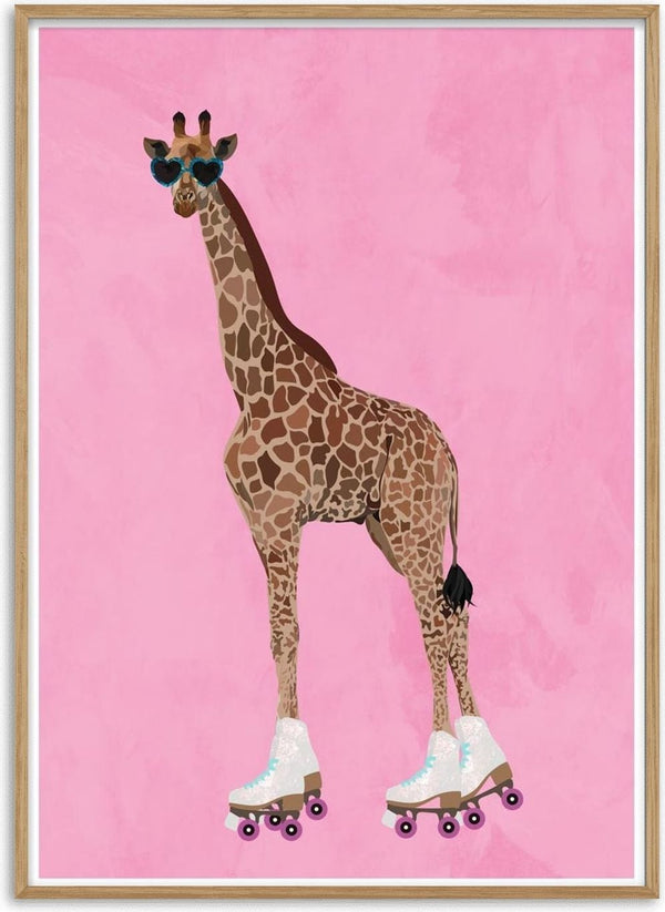 Illustration of a giraffe wearing sunglasses and white roller skates on a pink background.