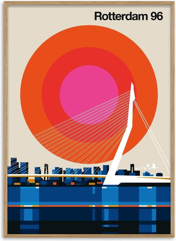 Rotterdam 96 by Bo Lundberg - the white pylon of the Erasmus Bridge against concentric orange, red and magenta circles