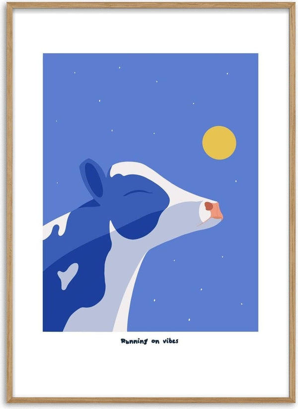 Running On Vibes by Jakob Falkenberg - a cow lifting its muzzle to a blue night sky with a yellow moon