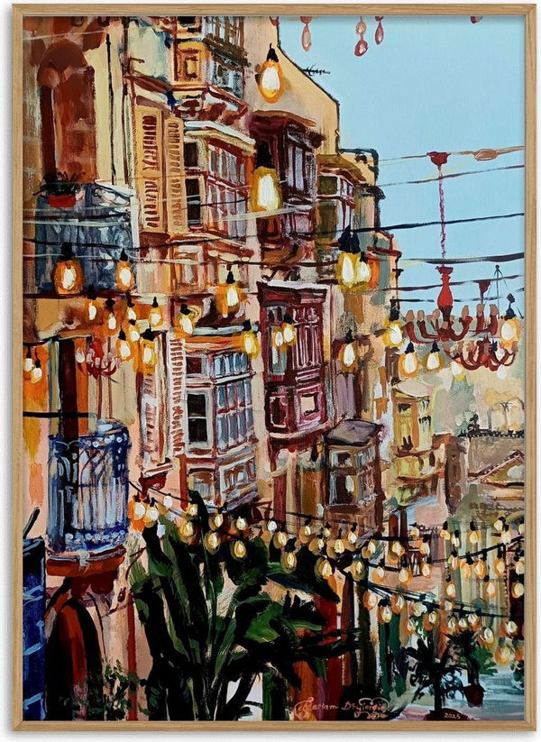 Saint Lucy Street by Mariam De Giorgio - festa lights and red chandeliers between Maltese wooden balconies