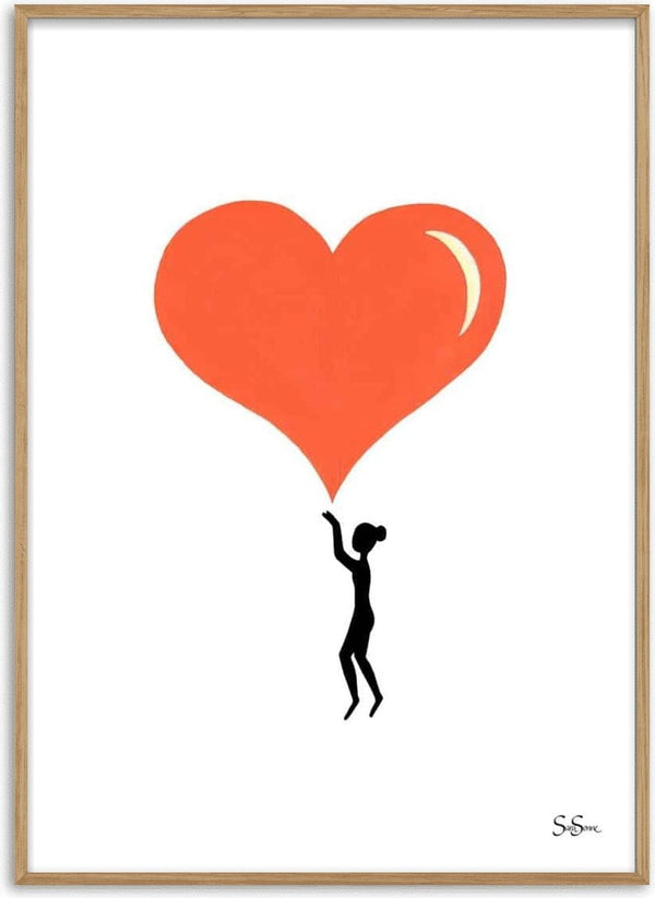 Minimalist poster of a person reaching up to touch a large red heart, design by Sara Sonne.