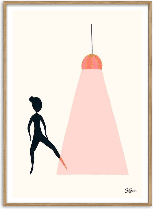 Minimalist artwork of a dancer stepping into the light from a hanging lamp, by Sara Sonne for Step In.