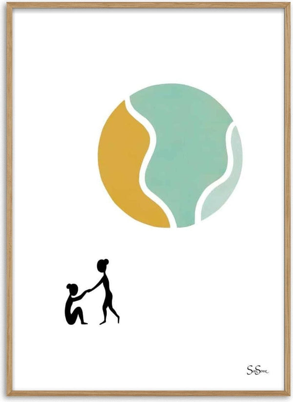 Minimalist art print of two figures, one helping the other up, beneath an abstract globe.
