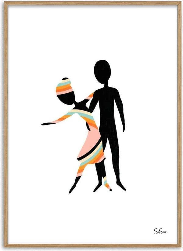 Abstract art print of two stylized figures in colorful stripes, titled "Trust" by Sara Sonne.