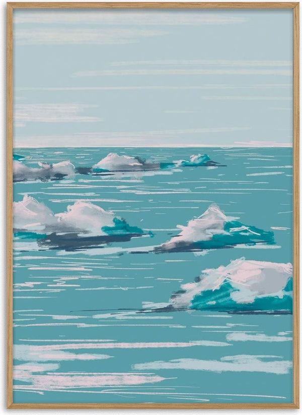 Digital art of floating icebergs in calm blue water under a cloudy sky, featured on the Seascape Plakat product page.