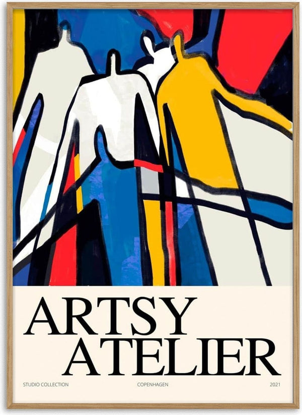 Abstract poster with bold, colorful silhouettes and lines; "Artsy Atelier" title at the bottom.
