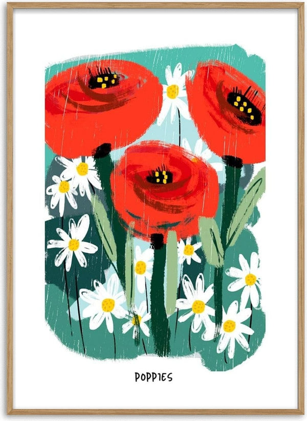 Illustration of bright red poppies and white daisies on a green background, labeled "Poppies" at the bottom.