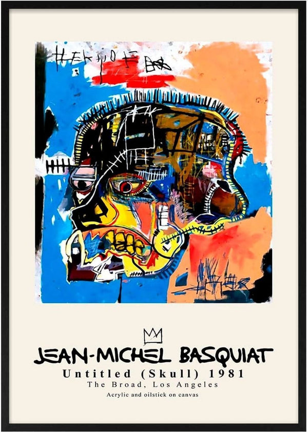 Basquiat’s "Skull" artwork featuring a colorful, abstract skull on a blue background with text and graffiti elements.