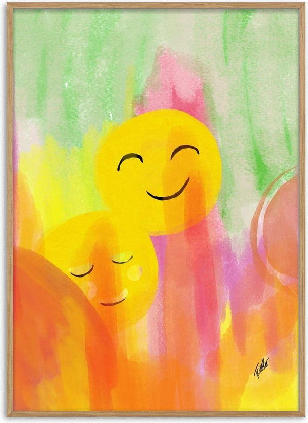 Smile and chill by FridaRit - two round yellow faces with closed eyes against brushed streaks of green, pink and orange