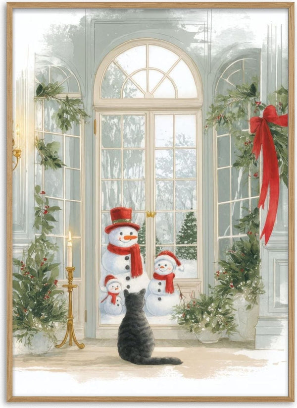 A cat looks out a window at two smiling snowmen in a festive, holiday-themed room decorated with greenery and ribbons.