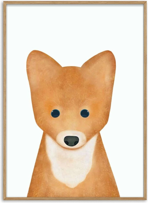 Cute illustrated fox with big ears and white chest, designed for children's room wall decor.