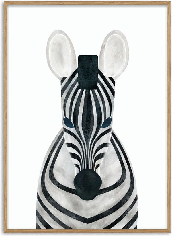 Cute illustrated zebra with bold black and white stripes, designed for children's room decor poster.