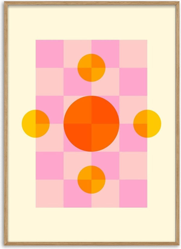 Solar Play by Nanna Paavig, a large orange circle on a pink checkerboard with yellow circles on a butter-yellow ground