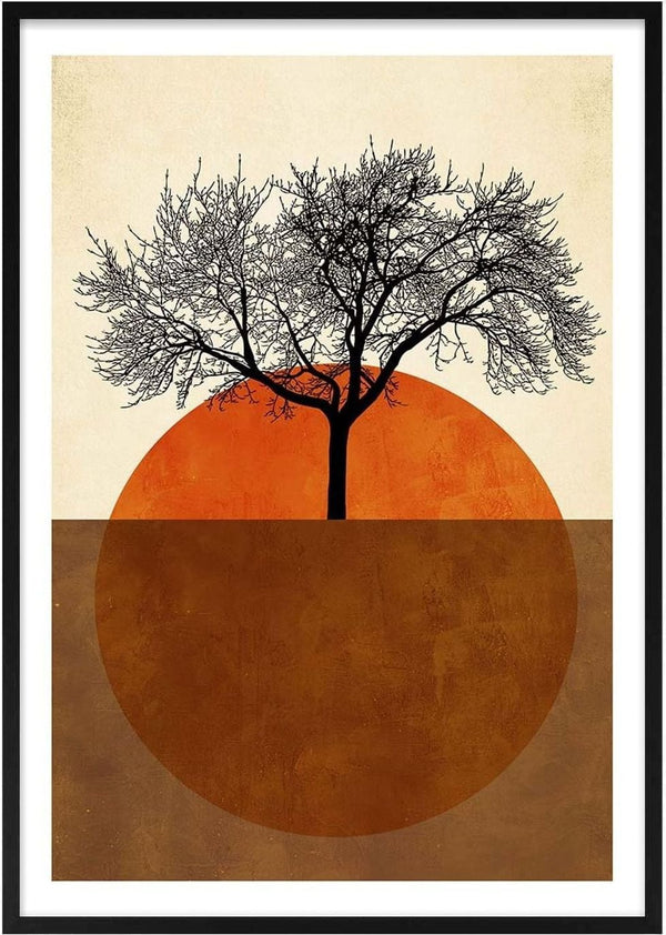Abstract art print "Sommermorgen" by Boris Draschoff featuring a tree silhouetted over a divided orange circle.