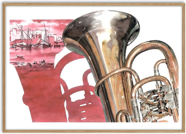 Sounds of Pieter Breughel 2 by Designus - shining brass tuba against a rose red harbour scene