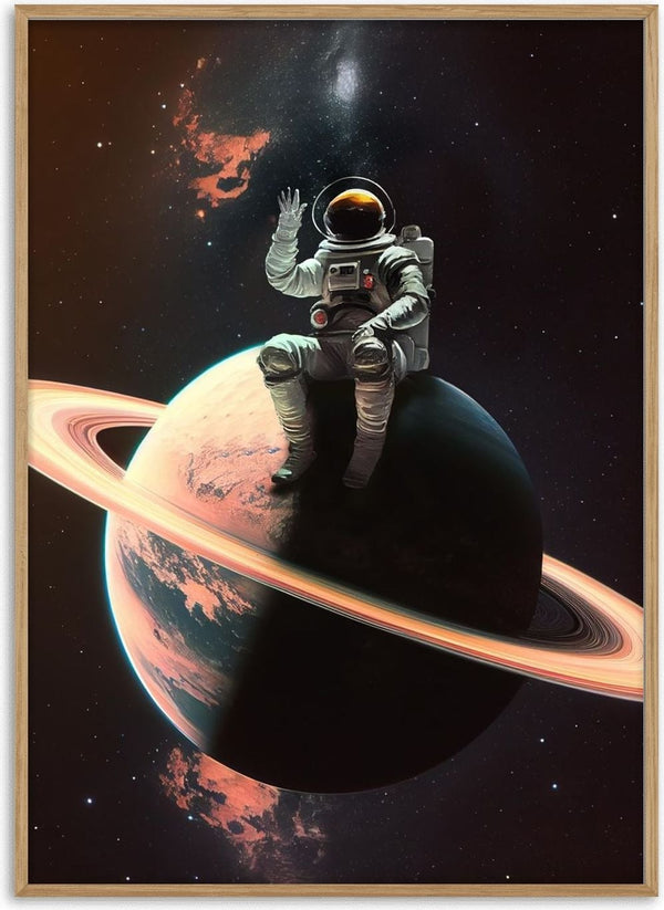 Space Safe by Dikhotomy - astronaut waving while sitting on a ringed planet in a starry black sky