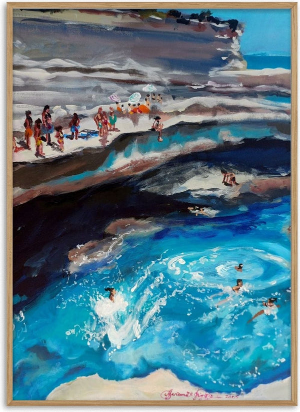 Splash! by Mariam De Giorgio - bathers on a limestone shelf and a swimmer landing in deep blue water