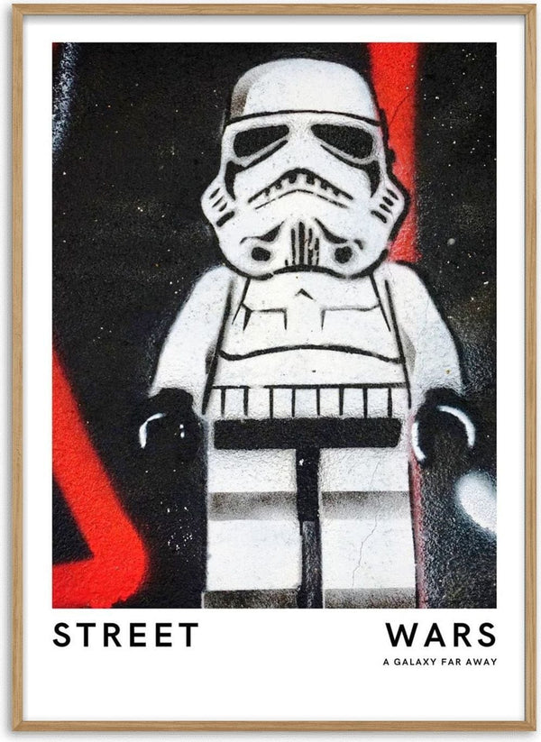 Poster of a LEGO-style trooper with "STREET WARS" text, graffiti art style on display.