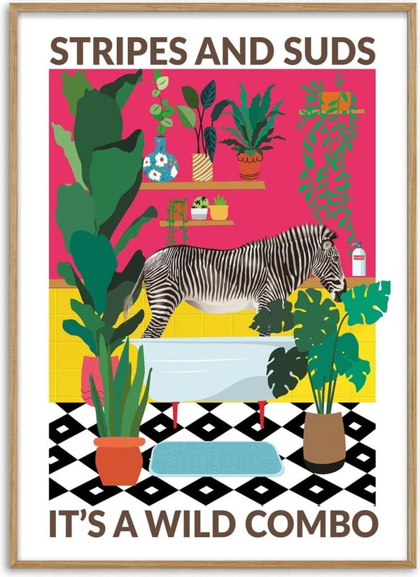 Colorful wallchart of a zebra in a vibrant bathroom with plants, titled "Stripes and Suds: It's a Wild Combo".