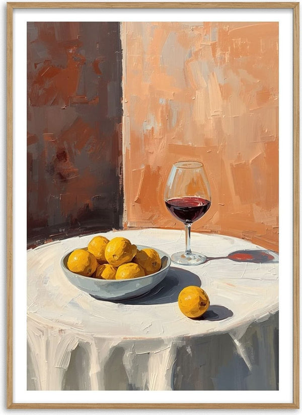 Summer scene: Lemons and wine by Ohkimiko - a bowl of lemons and a glass of red wine on a white cloth