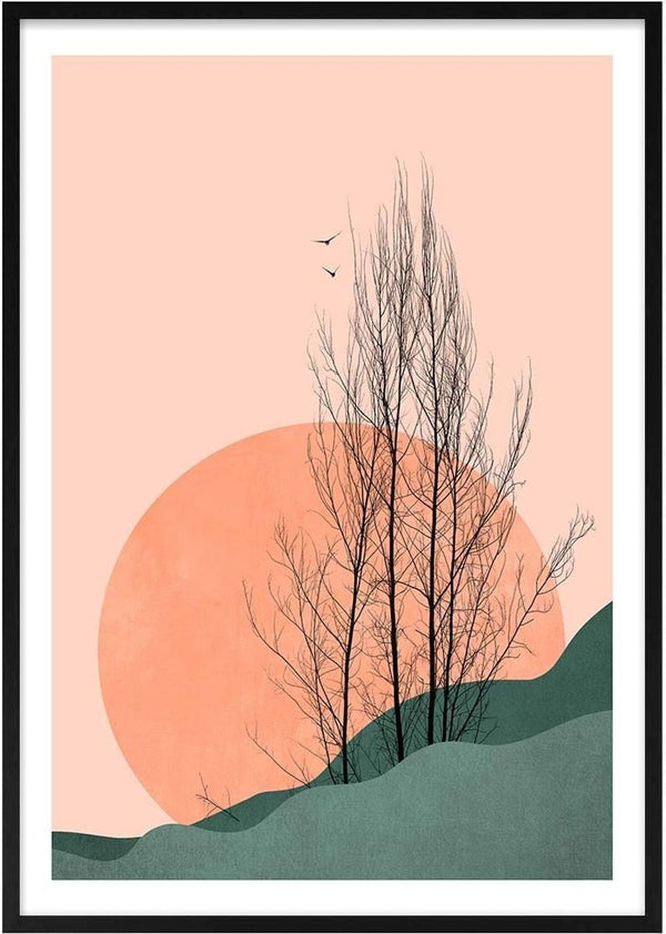 Minimalist artwork of a tree silhouette against an orange sun and green hills, by Boris Draschoff.